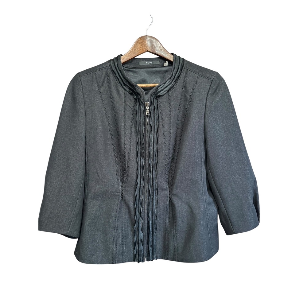 Tahari ASL Black Faux Leather Trim 3/4 Sleeve Zip Up Career Jacket‎ Blazer